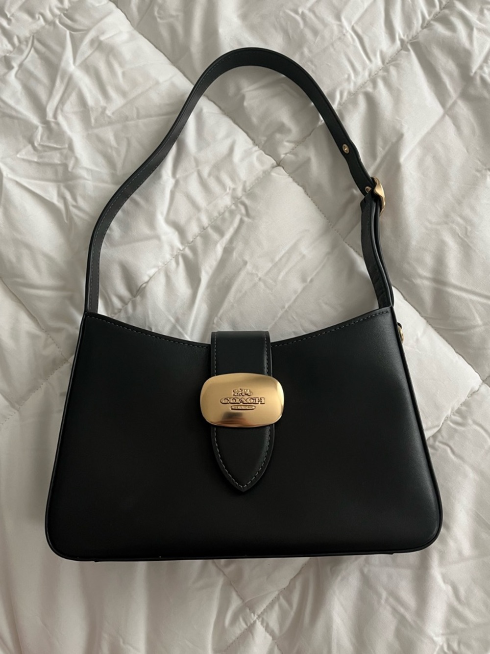 Coach Eliza Shoulder Bag Black Leather with Gold-Tone Clasp